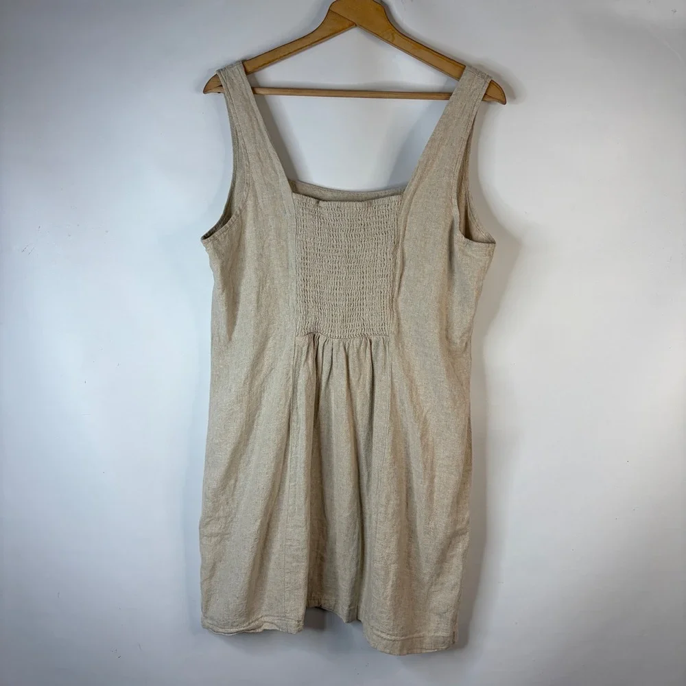 Old Navy Dress Women XL Beige Linen Blend Smocked Back Square Neck Mini